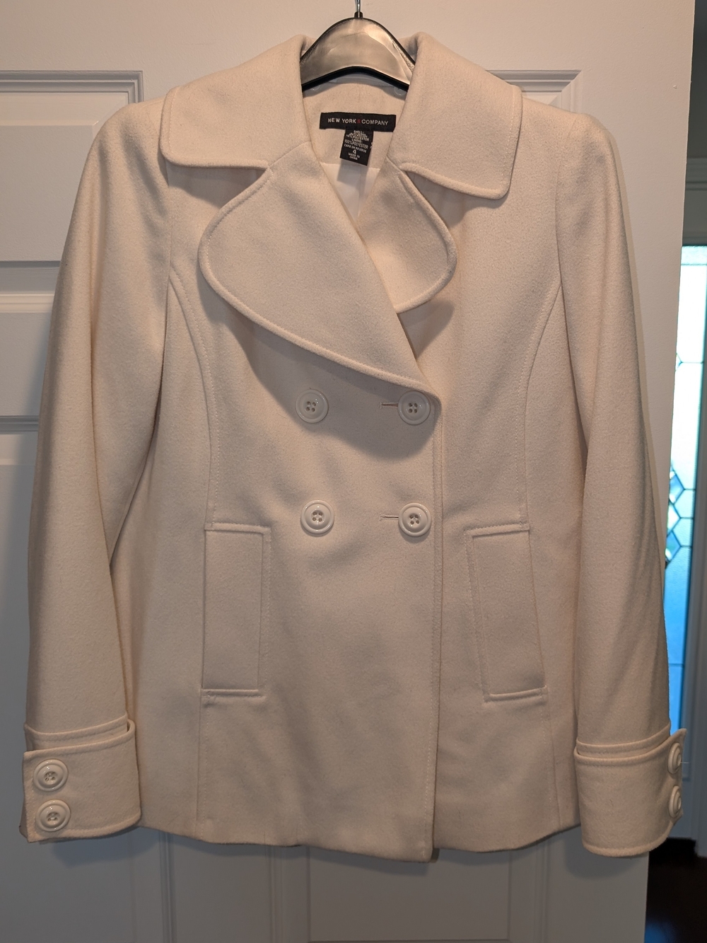 New York & Company Cream Double-Breasted Peacoat